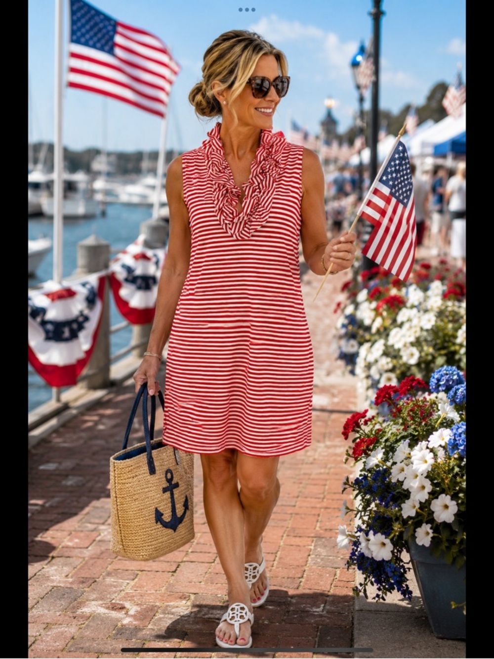 Sailor-Sailor Red & White Striped Ruffle Neck Dress XL USA Made Nautical Resort